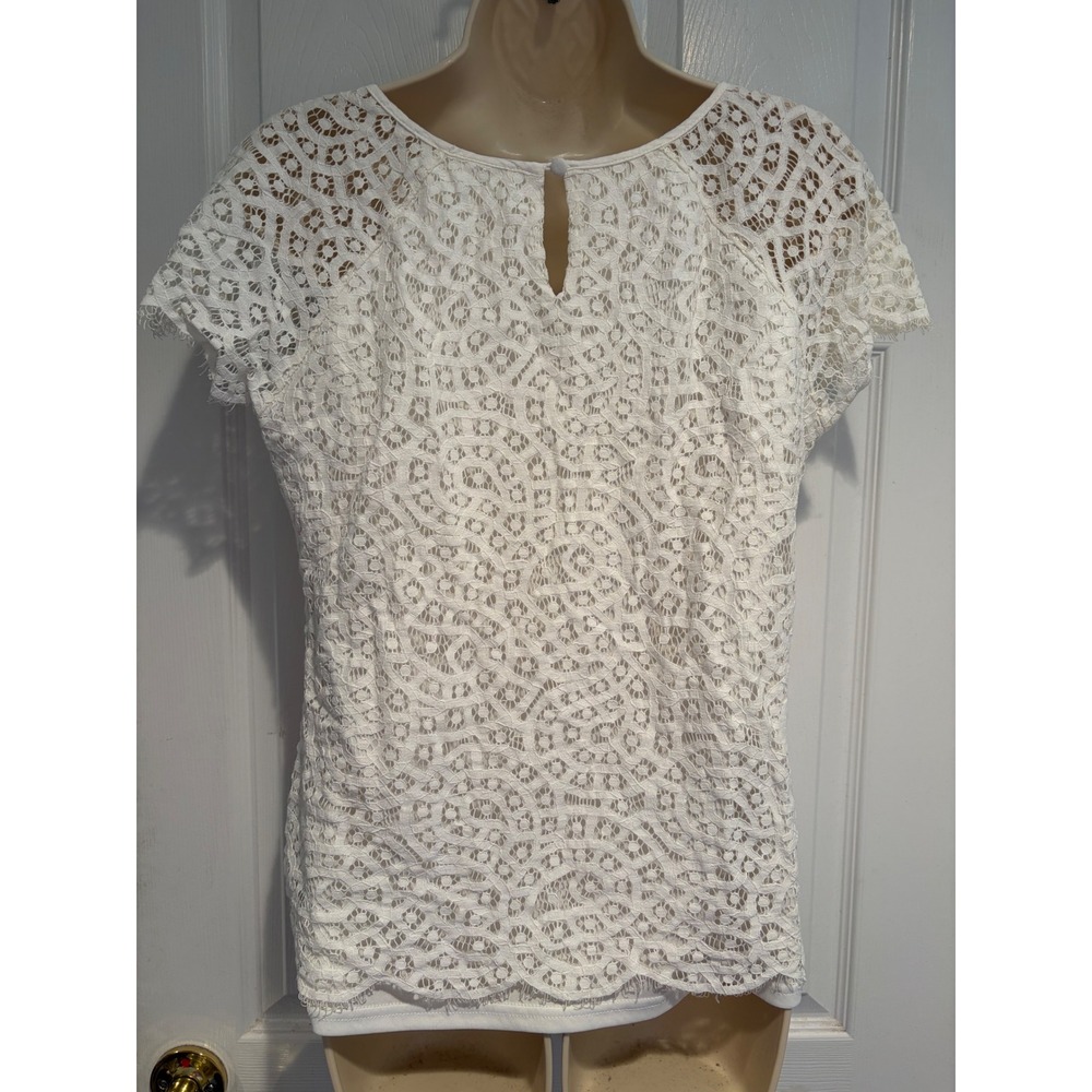 Laffaire White Floral Lace Short Sleeve Lined Blouse Top Size M Boho Romantic - Picture 3 of 9
